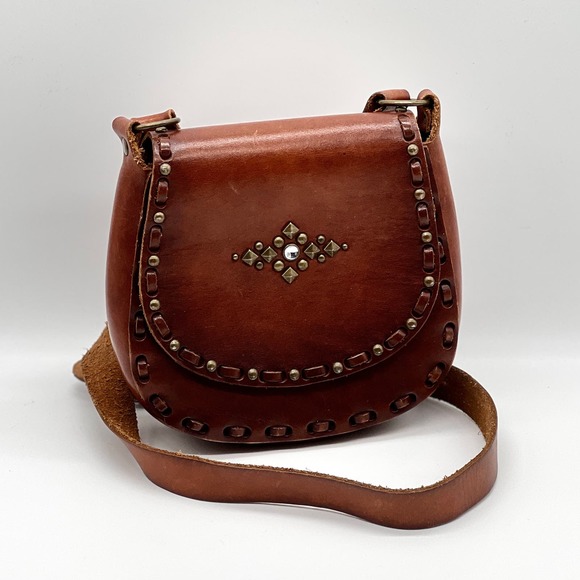 Vintage Handbags - VINTAGE Leather Crossbody Bag Womens Small Brown Handmade Studs Jewels Stitched